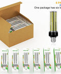 Box showing six-pack Six Pack 350W Equivalent LED Corn Light Hella Bright 6000K Daylight Bulb 4041 Lumen E26 E27 Base