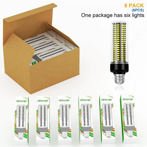 Box showing six-pack Six Pack 350W Equivalent LED Corn Light Hella Bright 6000K Daylight Bulb 4041 Lumen E26 E27 Base