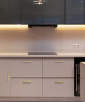 Modern kitchen with 30 Pack 5 Inch Square Cabinet Handles in Brushed Brass Finish Stainless Steel Kitchen Hardware Pulls visible on white cupboards.