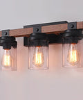 Industrial Rustic Farmhouse Vanity Light Fixtures Three Light Over Mirror With Pretty Glass Shades In Black Metal Wood Look