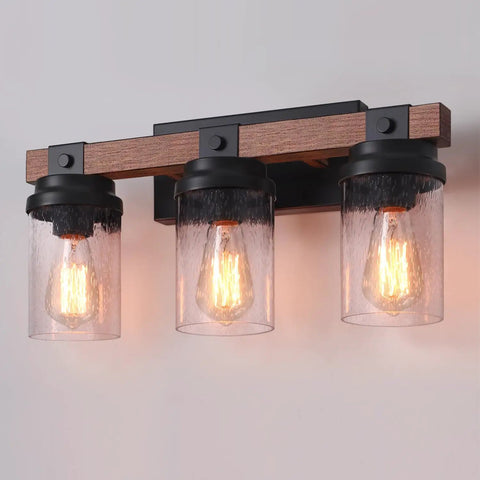 Industrial Rustic Farmhouse Vanity Light Fixtures Three Light Over Mirror With Pretty Glass Shades In Black Metal Wood Look