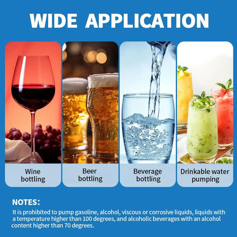 Image displaying the wide application of the Low Noise Mini Electric Water Transfer Pump 100 To 240V, including wine, beer, and beverage bottling, and drinkable water pumping.