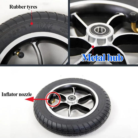 Heavy Duty 10 X 2.125 Pneumatic Tire Caster Wheels Pair showcasing rubber tyres, metal hub, and inflator nozzle for wheelchairs.