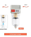 1/4 Inch NPT Air Dryer And Water Separator For Your Compressor With Manual Drain 5 Micron Brass Filter Element Poly Bowl AF2000-02 0 To 150 Psi 20 CFM At 90 Psi showing manual drain function