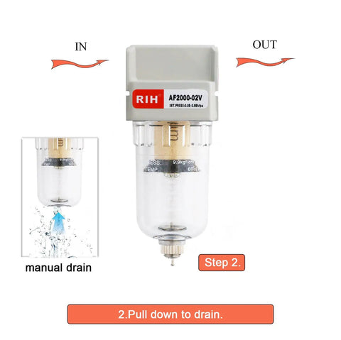 1/4 Inch NPT Air Dryer And Water Separator For Your Compressor With Manual Drain 5 Micron Brass Filter Element Poly Bowl AF2000-02 0 To 150 Psi 20 CFM At 90 Psi showing manual drain function