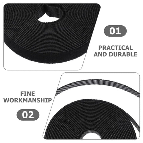 2 Rolls Black Reusable Cable Ties Hook Loop Straps showing sturdy black vinyl for desktop cord organization.