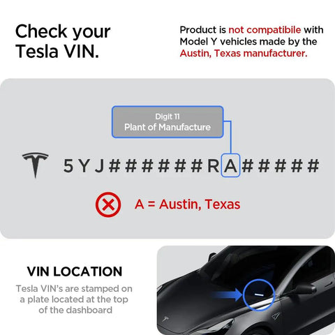 Tesla VIN compatibility check for under screen storage organizer with digit 11 plant of manufacture indicator and highlighted car dashboard plate location