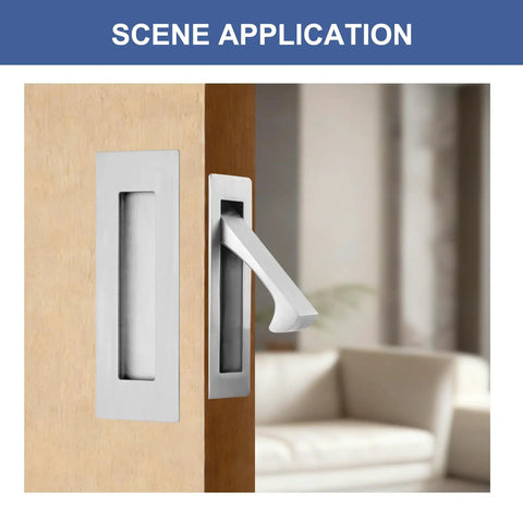 Dope Pocket Door Hardware Set With Edge Pulls And Flush Recessed Pulls in Brushed Nickel installed on wooden door