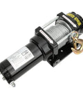 Super Heavy Duty Electric Winch Rated For 4500 Lbs With 12 Volt Power Setup side view showing steel cable and hook.