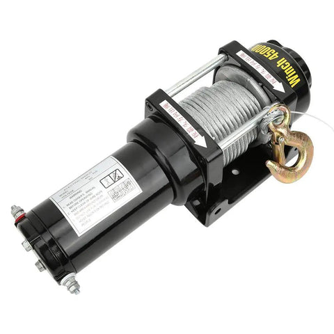 Super Heavy Duty Electric Winch Rated For 4500 Lbs With 12 Volt Power Setup side view showing steel cable and hook.