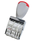 Totally Versatile Rubber Date Stamp With Rotating Mechanism For Scrapbooking And Office Tasks Ergonomic handle view with adjustable wheels.