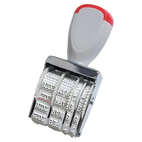 Totally Versatile Rubber Date Stamp With Rotating Mechanism For Scrapbooking And Office Tasks Ergonomic handle view with adjustable wheels.