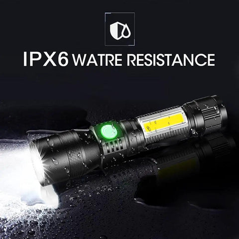 Rechargeable UV Flashlight 1200 Lumens 3 In 1 Black Light Beast Mode shown with IPX6 waterproof feature, wet surface.