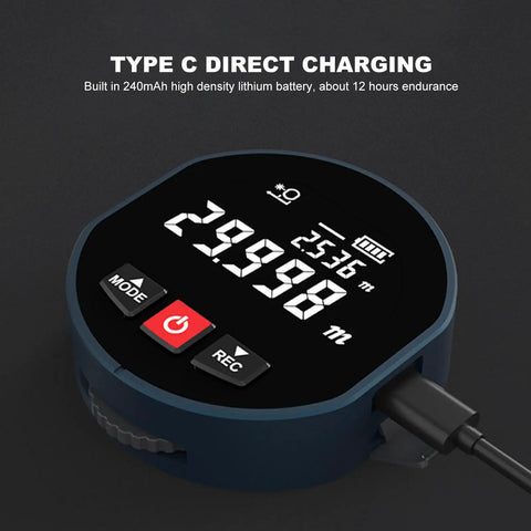 Portable Digital Distance Meter With Magnetic Back For Curved Surfaces 0 To 100 Meters Accuracy 1 Cm Plus Data Storage For 10 Sets, USB-C charging