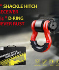 2 Inch Tow Hitch Receiver With Three Quarter Inch D Ring Shackle, Forty Five Thousand Pound Break Strength, Eleven Thousand Pound Working Load, Includes Five Eighth Inch Hitch Pin, Off Road Tow Gear For Trucks And Trailers, Red And Black attached to vehicle