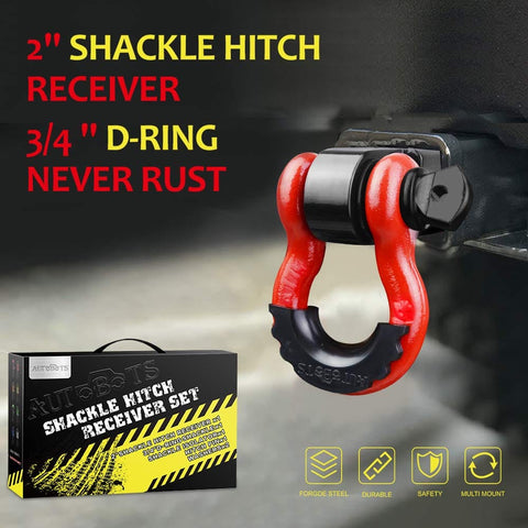 2 Inch Tow Hitch Receiver With Three Quarter Inch D Ring Shackle, Forty Five Thousand Pound Break Strength, Eleven Thousand Pound Working Load, Includes Five Eighth Inch Hitch Pin, Off Road Tow Gear For Trucks And Trailers, Red And Black attached to vehicle