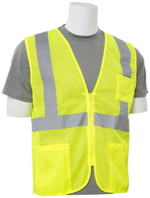 Top Tier Hi Viz Lime Safety Vest For Site Crews Ansi Class 2 Type R Workwear With Zipper Front And Mesh Body 4 X Large shown on mannequin.