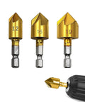 Three Piece Countersink Drill Bit Set With Hex Shank For Metal Hole Edge Prep Includes One Half Inch Five Eighth Inch And Three Quarter Inch Chamfer Bits In Gold Finish Multi Size Chamfer Tooling For Precise Fast Holes shown with drill.