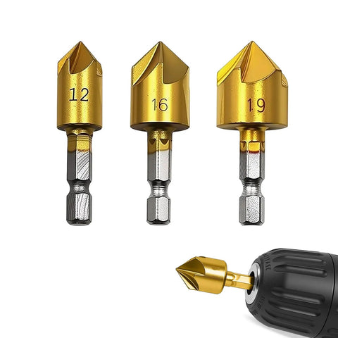 Three Piece Countersink Drill Bit Set With Hex Shank For Metal Hole Edge Prep Includes One Half Inch Five Eighth Inch And Three Quarter Inch Chamfer Bits In Gold Finish Multi Size Chamfer Tooling For Precise Fast Holes shown with drill.