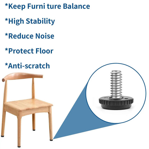 Built Tough Adjustable Furniture Leveler Feet Crafted From Rust Resistant 304 Stainless Steel feature a chair with a threaded leveling foot.