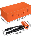 Case and handheld cutter for 15-Ton Hydraulic Knockout Punch Set For Conduit One Half Inch To Four Inch Kit with dimensions.