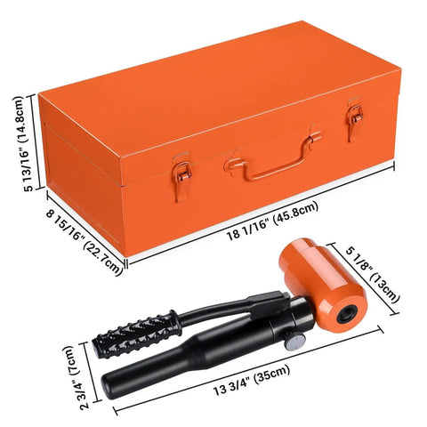 Case and handheld cutter for 15-Ton Hydraulic Knockout Punch Set For Conduit One Half Inch To Four Inch Kit with dimensions.