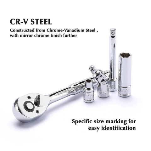 62 Piece One Quarter Inch Drive Master Socket Set With Ratchets CR V Steel SAE And Metric Sockets Bits Extension Bars