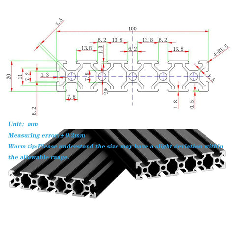 Heavy Duty T Slot Aluminum Extrusion 20 Series For DIY 3D Printer Parts And CNC Projects Black Anodized 1000mm with measurements