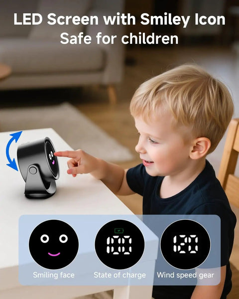 Child interacting with Portable Desk Fan With LED Display And 5 Speed Turbo Airflow 6 Inch Compact Table Fan For Home Office And Outdoor Use