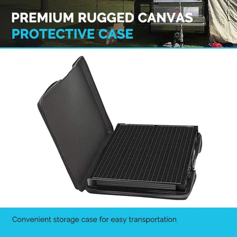 200W Portable Solar Panel Kit with protective canvas case open, showing rugged suitcase design for easy transport.