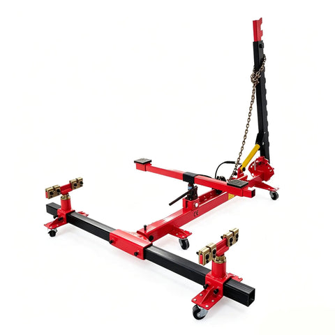 Beefy Auto Body Frame Puller 49 KN 5 Ton Car Frame Straightener for Sedan SUV Pickup Restoration Tool, red frame, side view.