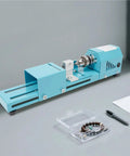 Mini Metal Wood Lathe Machine Corded Electric Compact Desktop Milling Tool For Small-Leaf Rosewood Craft Projects displaying blue design with motor.