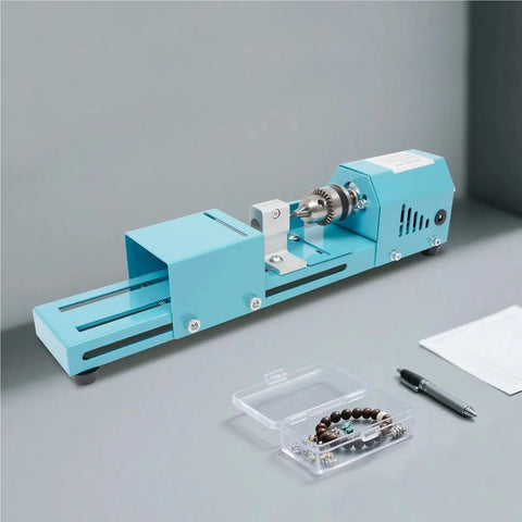 Mini Metal Wood Lathe Machine Corded Electric Compact Desktop Milling Tool For Small-Leaf Rosewood Craft Projects displaying blue design with motor.