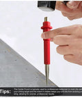 Heavy Duty Nail Setter Punch And Center Punch Set With Three Swappable Tips and marking point, shown in hand emphasizing precision use.