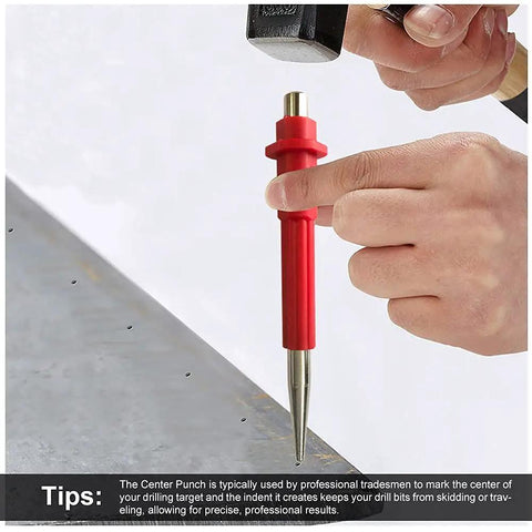 Heavy Duty Nail Setter Punch And Center Punch Set With Three Swappable Tips and marking point, shown in hand emphasizing precision use.