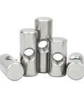 5 Pack Barrel Nuts And Cross Dowel Bolts Set In Silver Stainless Steel For Quick Furniture Assembly, cylindrical design, close-up view