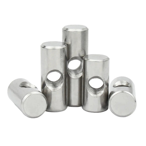 5 Pack Barrel Nuts And Cross Dowel Bolts Set In Silver Stainless Steel For Quick Furniture Assembly, cylindrical design, close-up view