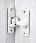 Matte White 90 And 180 Degree Barn Door Latch Zinc Alloy Flip Lock installed on door, showing secure right-angle fit.
