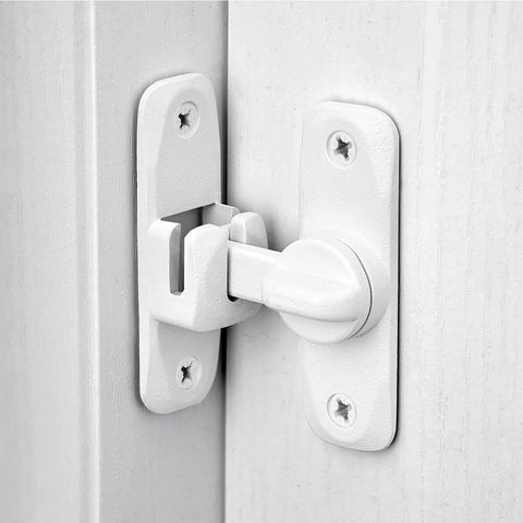 Matte White 90 And 180 Degree Barn Door Latch Zinc Alloy Flip Lock installed on door, showing secure right-angle fit.