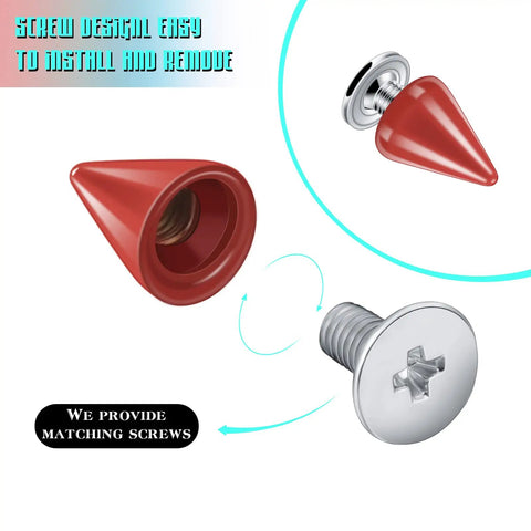 Close-up of Premium Full 100 Pack Of Straight Up Badass Red Punk Metal Spike Studs and Screw Back Rivets Kit for easy installation.