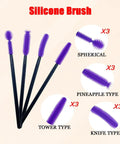 Various types of purple silicone brushes with black handles, including spherical, pineapple, tower, and knife styles, in a set.