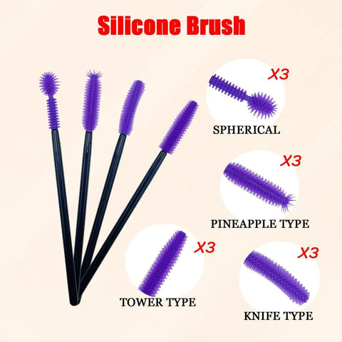 Various types of purple silicone brushes with black handles, including spherical, pineapple, tower, and knife styles, in a set.
