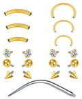 Rook Piercing Jewelry Kit 16G Taper Insertion Tool With Hypoallergenic Stainless Steel CZ Septum Rings, Gold Bars and Studs