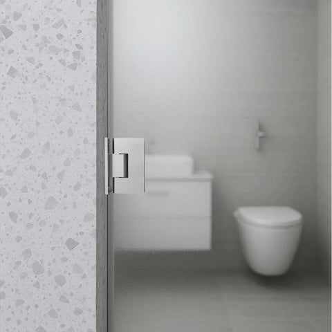 Heavy Duty 90 Degree Shower Door Hinge In Brushed Nickel, Full Back Plate in bathroom setting