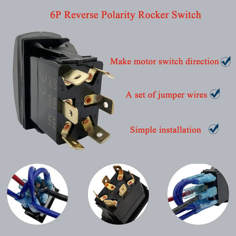 Gotta love this BACAUTOPARTS 12 Volt Blue Led Backlit Dpdt Momentary Rocker Switch with six pins for DC motor reversal.