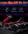 24V red go-kart with sleek design, rear drifting capability, and built-in music feature, displayed from a side angle on asphalt.