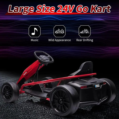 24V red go-kart with sleek design, rear drifting capability, and built-in music feature, displayed from a side angle on asphalt.