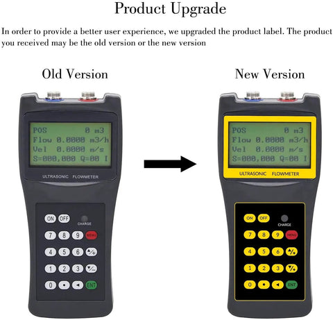 Comparison of old and new versions of handheld ultrasonic flow meter with clamp-on sensor for pipes DN15 to 700mm.