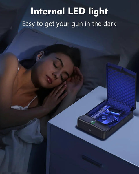 Compact Biometric Gun Safe For Handgun With Quick Access Fingerprint Lock Portable Pistol Safe illuminated on nightstand