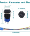 12V SPDT Horn Button Push Switch With Blue LED, Five Eighth Inch Sixteen Millimeter Momentary Car Button For Vehicle Horn, Durable Black Shell And Easy Install For DIY Auto Projects. 16mm black metal push button with blue LED and wiring harness